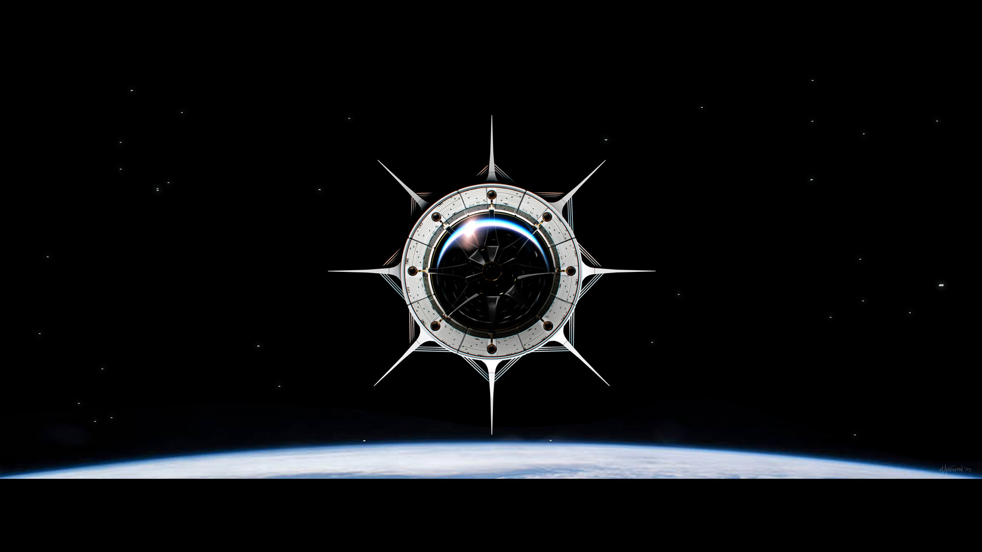 An curcular 8 pronged stargate hovers above the earth, awaiting activation.